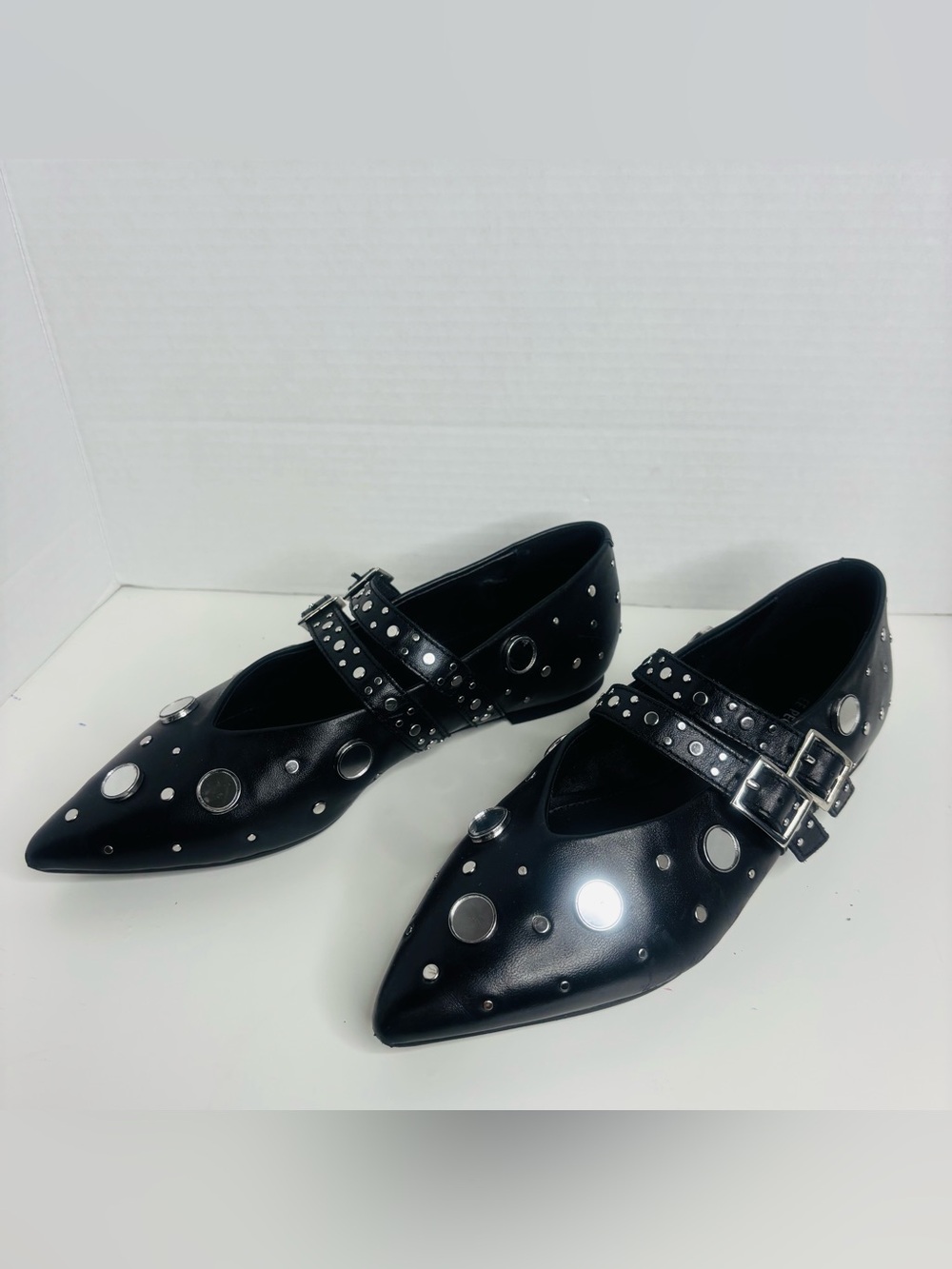 Free People Black Pointed Toe Double-Buckle Stud Flats - Picture 6 of 10